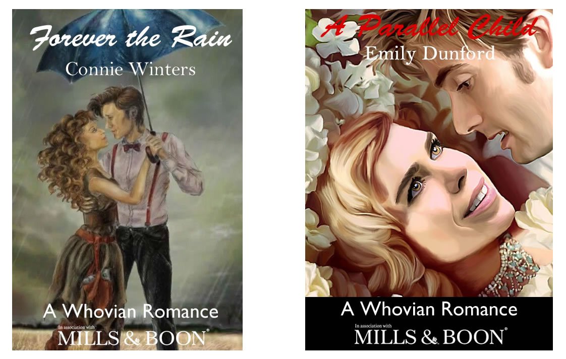 Two of the cover designs for the upcoming Whovian romance series. The others weren't available when we went to press.